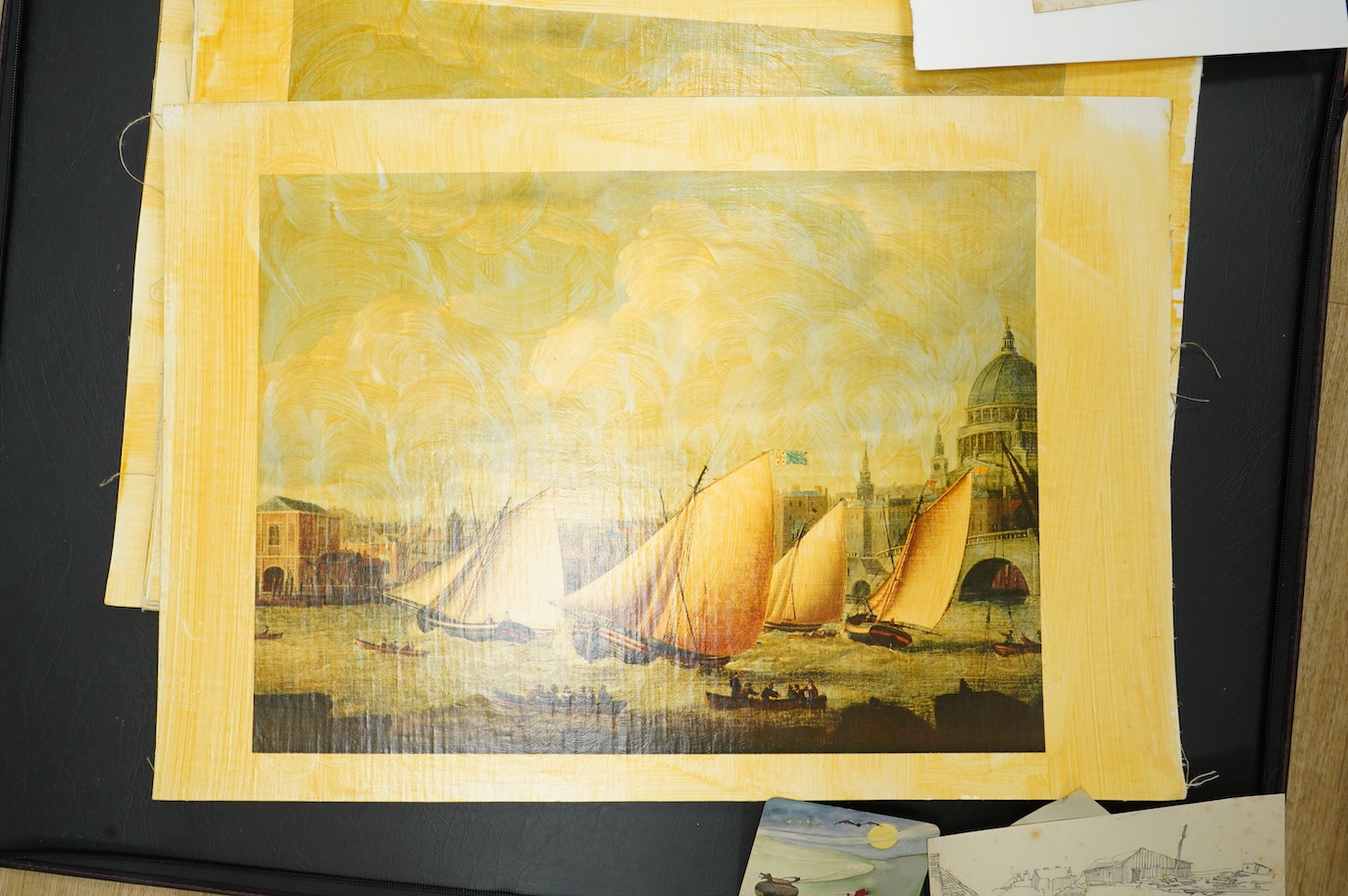A large collection of watercolours, sketches and prints to include four works by J H Powell, maritime interest scenes, each signed, various 19th century and later watercolours and a set of maritime interest oleographs on